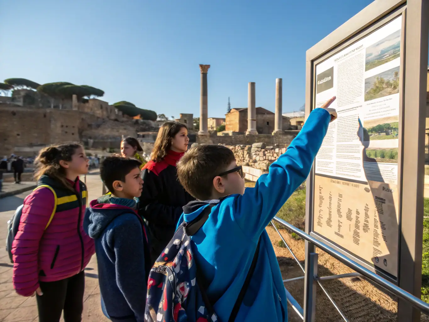 A photograph of a group of students on a guided tour of the Pont de Maisey-le-Duc, learning about the historical significance of the site.