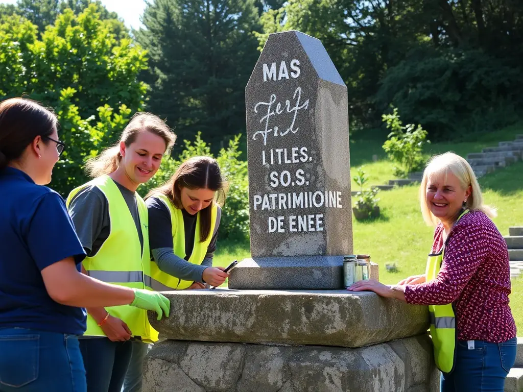 A photograph of volunteers cleaning and maintaining the historical site of the Pont de Maisey-le-Duc combat. The image should convey a sense of dedication and respect for the site's history.