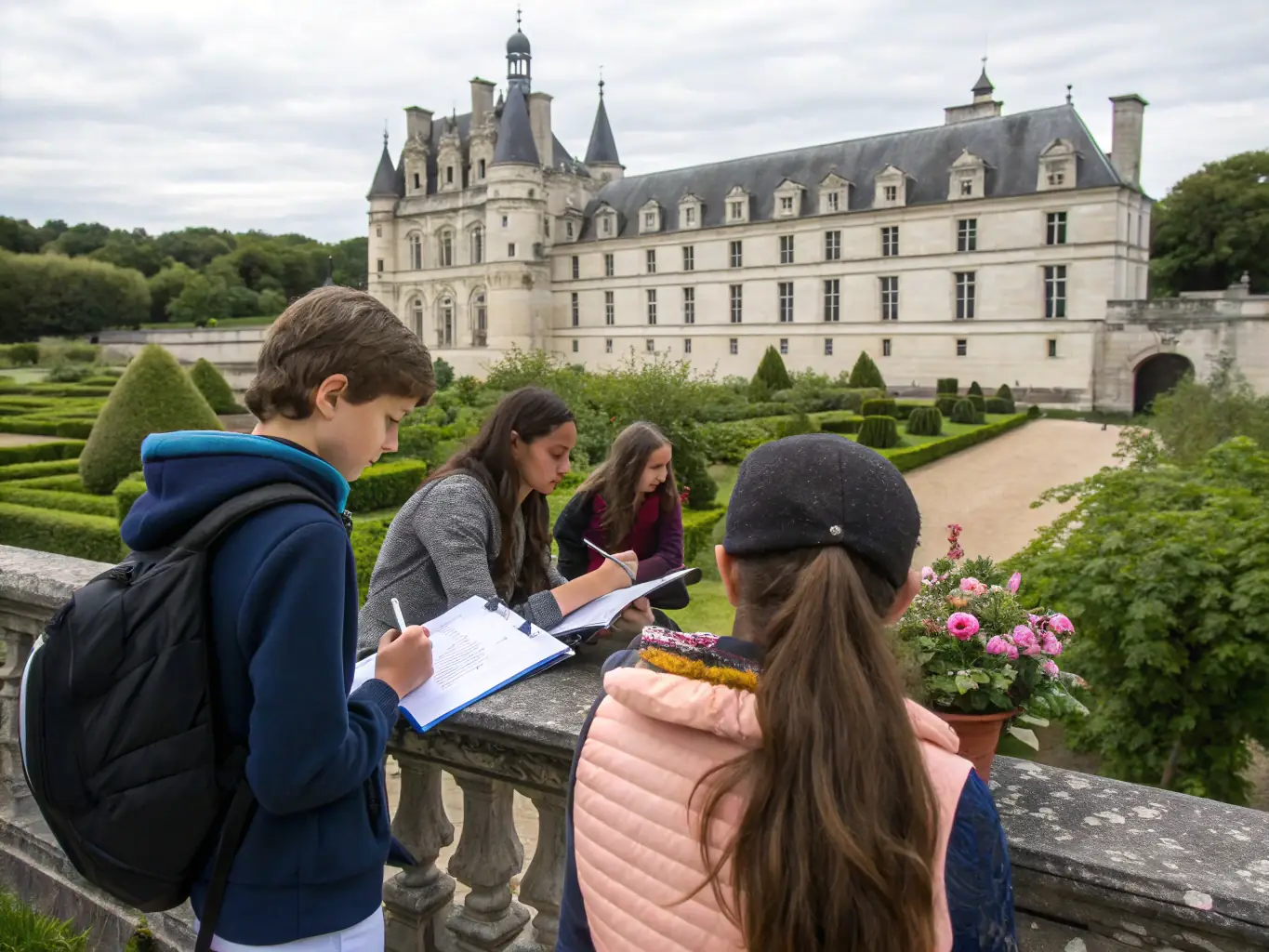 A photograph of a group of students participating in a guided tour of the Pont de Maisey-le-Duc combat site. The image should capture the educational aspect of the tour and the students' engagement.